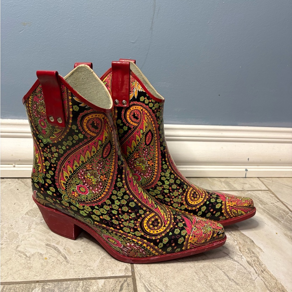Nomad Red and Black Paisley Heeled Boots